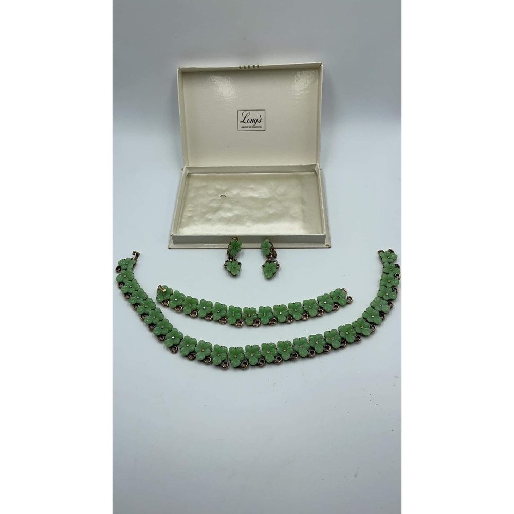 4pc Crown TRIFARI Molded Green Glass Forget Me Not